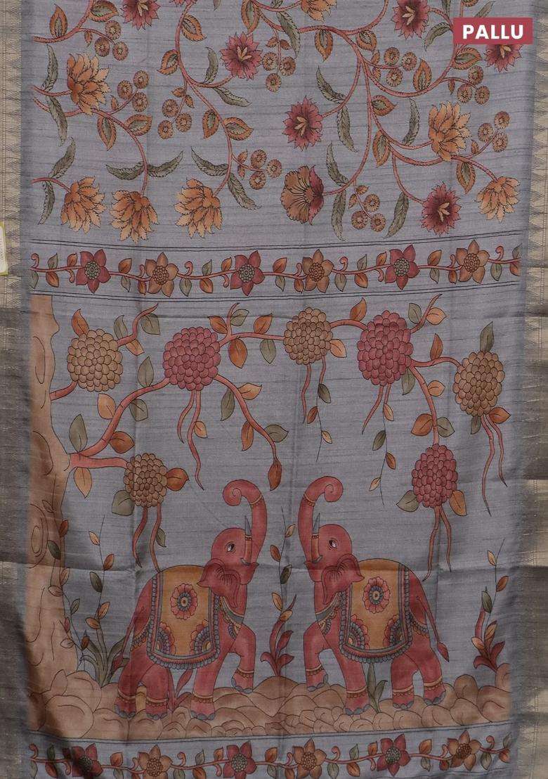 Semi Tussar Saree Grey With Allover Floral Prints And Zari Woven Border With Printed Design For Women - Indya
