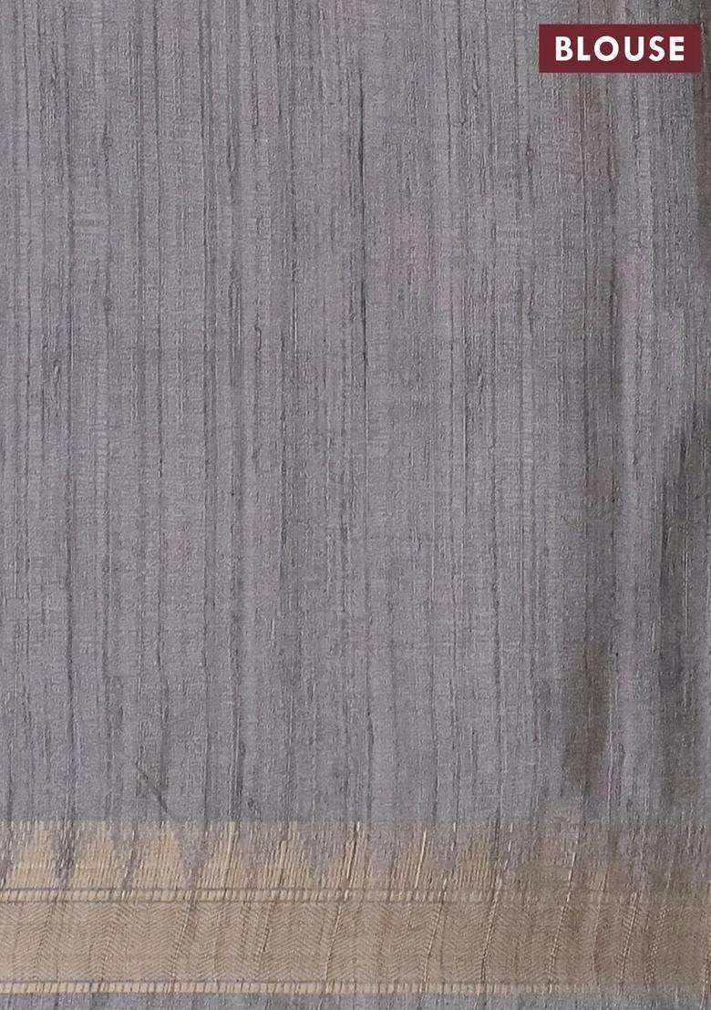 Semi Tussar Saree Grey With Allover Floral Prints And Zari Woven Border With Printed Design For Women - Indya