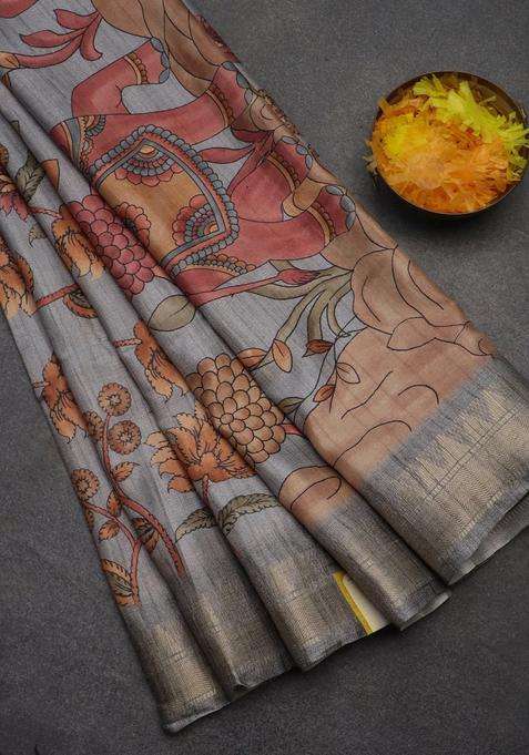 Semi Tussar Saree Grey With Allover Floral Prints And Zari Woven Border With Printed Design For Women