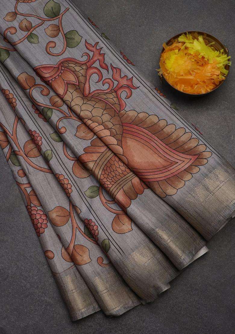 Semi Tussar Saree Grey With Allover Floral Prints And Zari Woven Border With Printed Design For Women - Indya