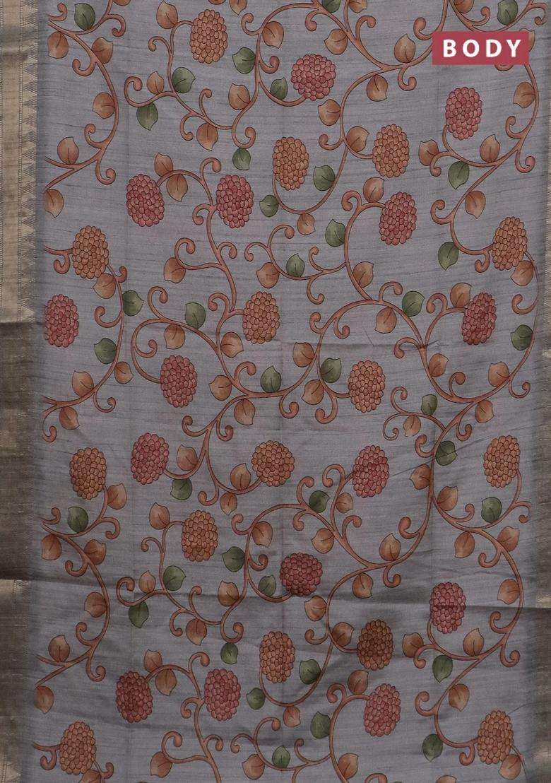 Semi Tussar Saree Grey With Allover Floral Prints And Zari Woven Border With Printed Design For Women - Indya