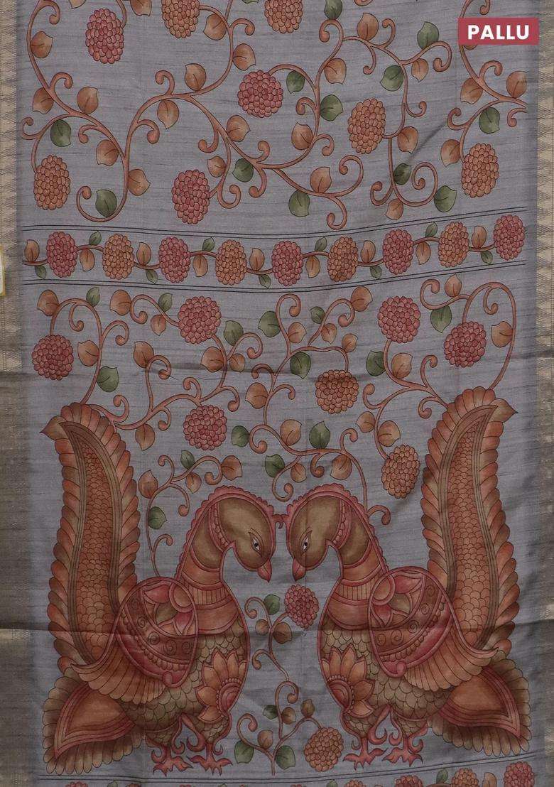 Semi Tussar Saree Grey With Allover Floral Prints And Zari Woven Border With Printed Design For Women - Indya