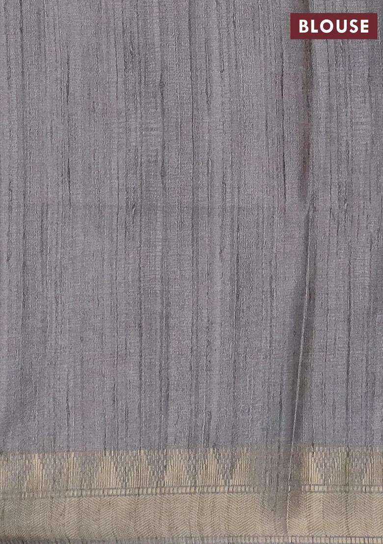 Semi Tussar Saree Grey With Allover Floral Prints And Zari Woven Border With Printed Design For Women - Indya