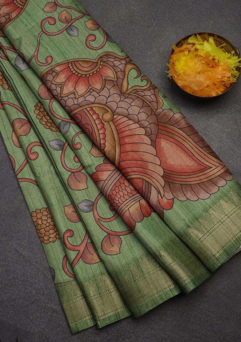Semi Tussar Saree Light Green With Allover Floral Prints And Zari Woven Border With Printed Design For Women - Indya