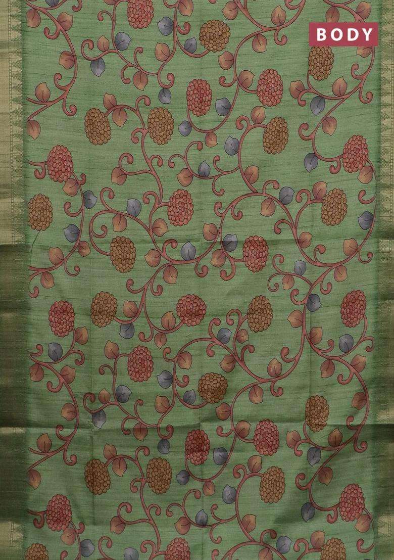 Semi Tussar Saree Light Green With Allover Floral Prints And Zari Woven Border With Printed Design For Women - Indya