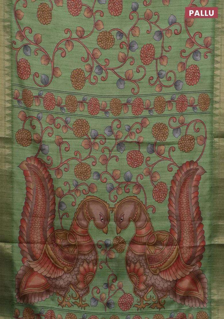 Semi Tussar Saree Light Green With Allover Floral Prints And Zari Woven Border With Printed Design For Women - Indya