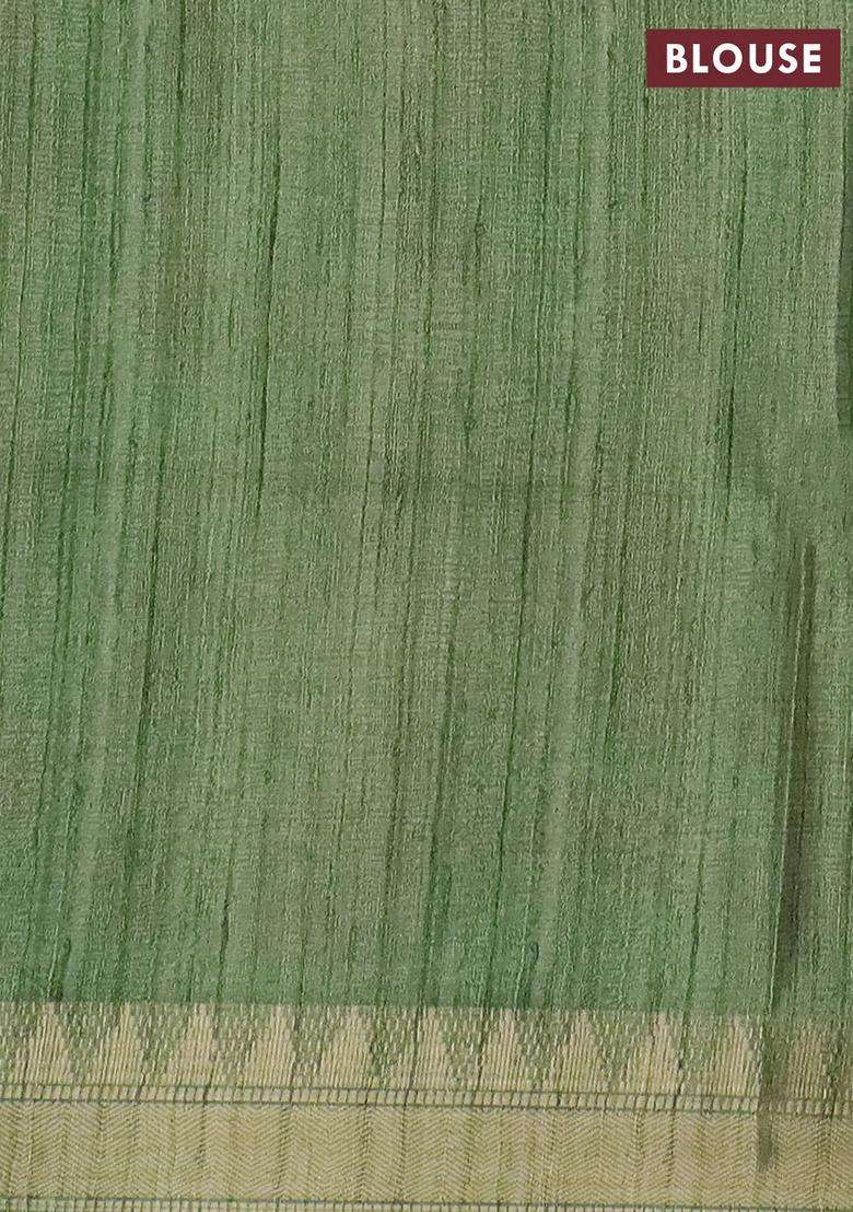 Semi Tussar Saree Light Green With Allover Floral Prints And Zari Woven Border With Printed Design For Women - Indya