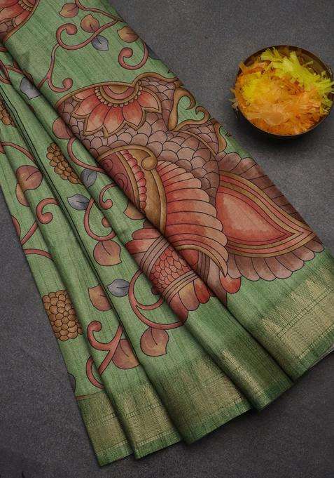 Semi Tussar Saree Light Green With Allover Floral Prints And Zari Woven Border With Printed Design For Women