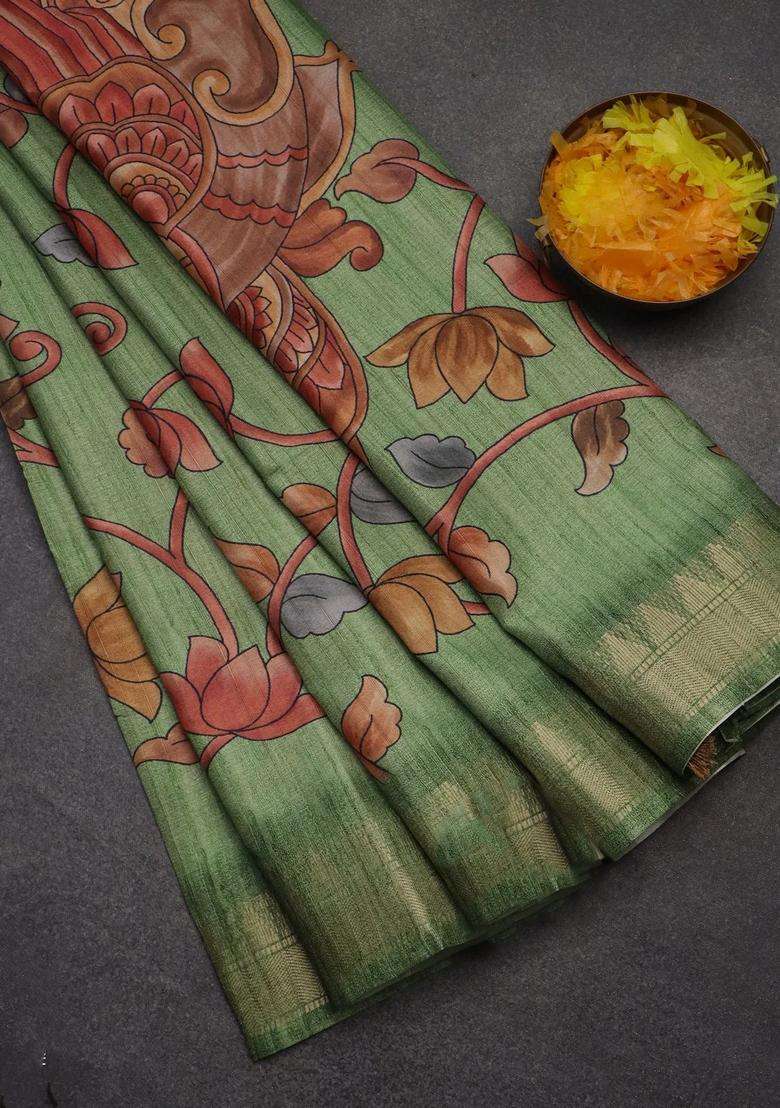 Semi Tussar Saree Light Green With Allover Floral Prints And Zari Woven Border With Printed Design For Women - Indya