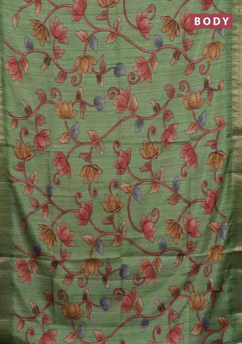 Semi Tussar Saree Light Green With Allover Floral Prints And Zari Woven Border With Printed Design For Women - Indya