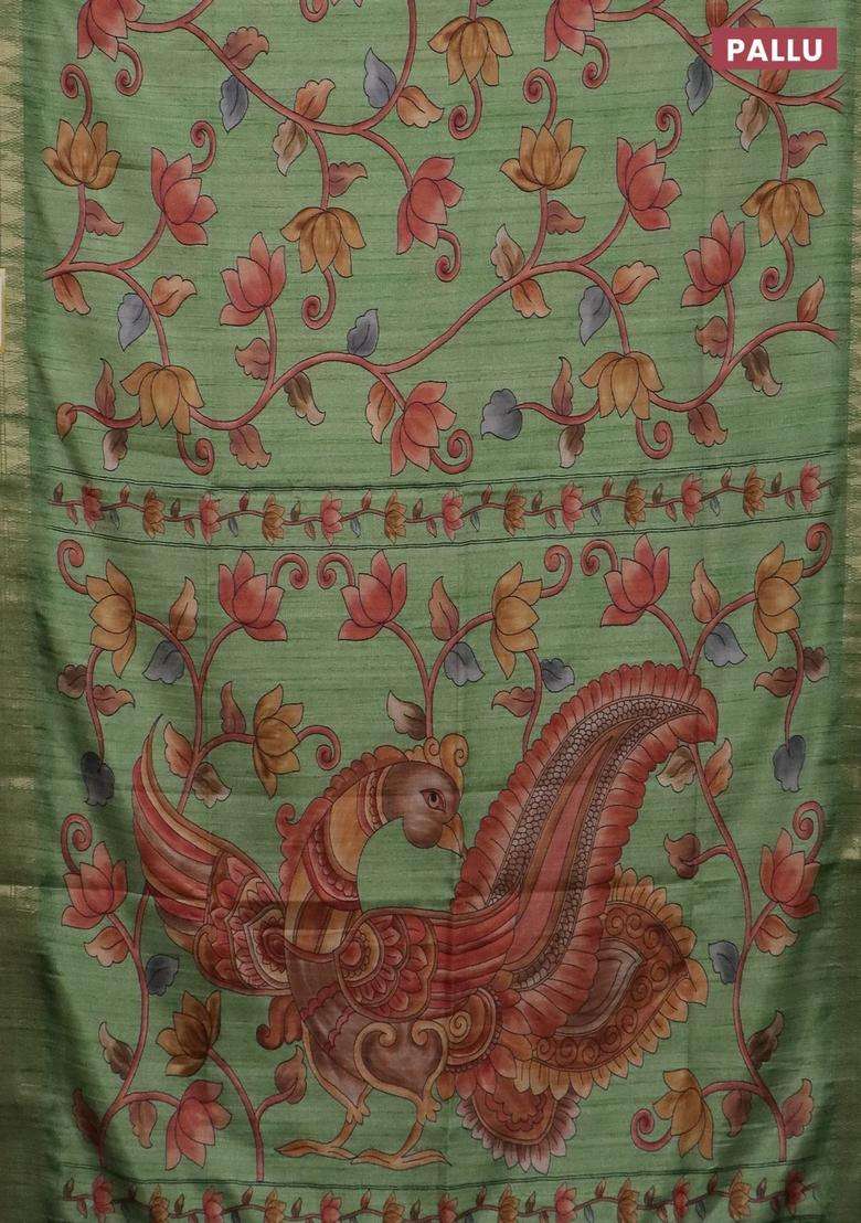 Semi Tussar Saree Light Green With Allover Floral Prints And Zari Woven Border With Printed Design For Women - Indya