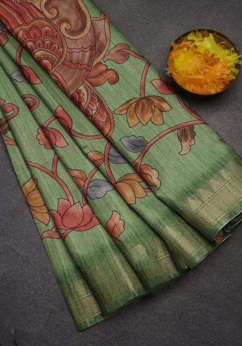 Semi Tussar Saree Light Green With Allover Floral Prints And Zari Woven Border With Printed Design For Women