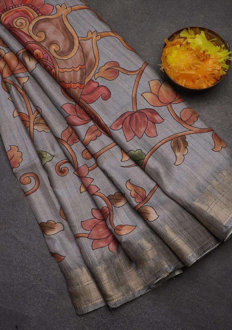 Semi Tussar Saree Grey With Allover Floral Prints And Zari Woven Border With Printed Design For Women - Indya