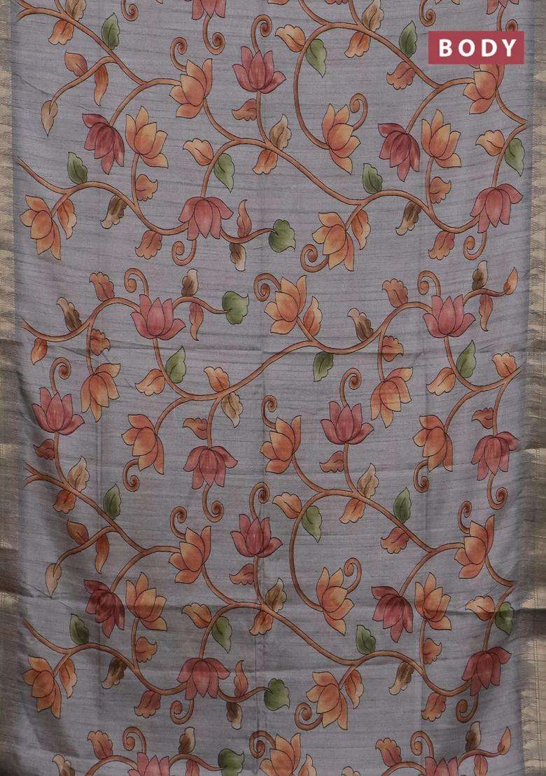 Semi Tussar Saree Grey With Allover Floral Prints And Zari Woven Border With Printed Design For Women - Indya