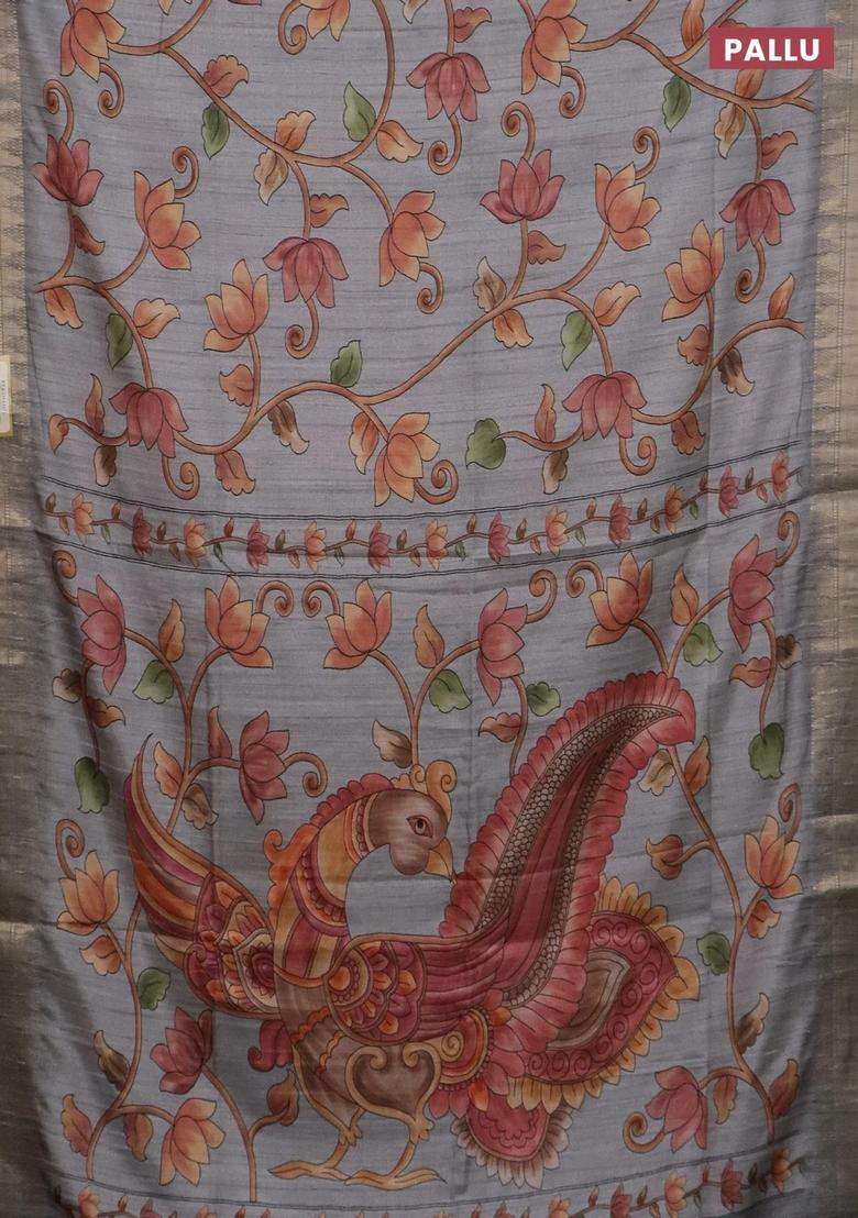 Semi Tussar Saree Grey With Allover Floral Prints And Zari Woven Border With Printed Design For Women - Indya