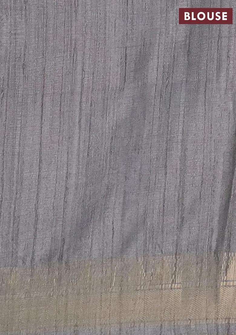 Semi Tussar Saree Grey With Allover Floral Prints And Zari Woven Border With Printed Design For Women - Indya