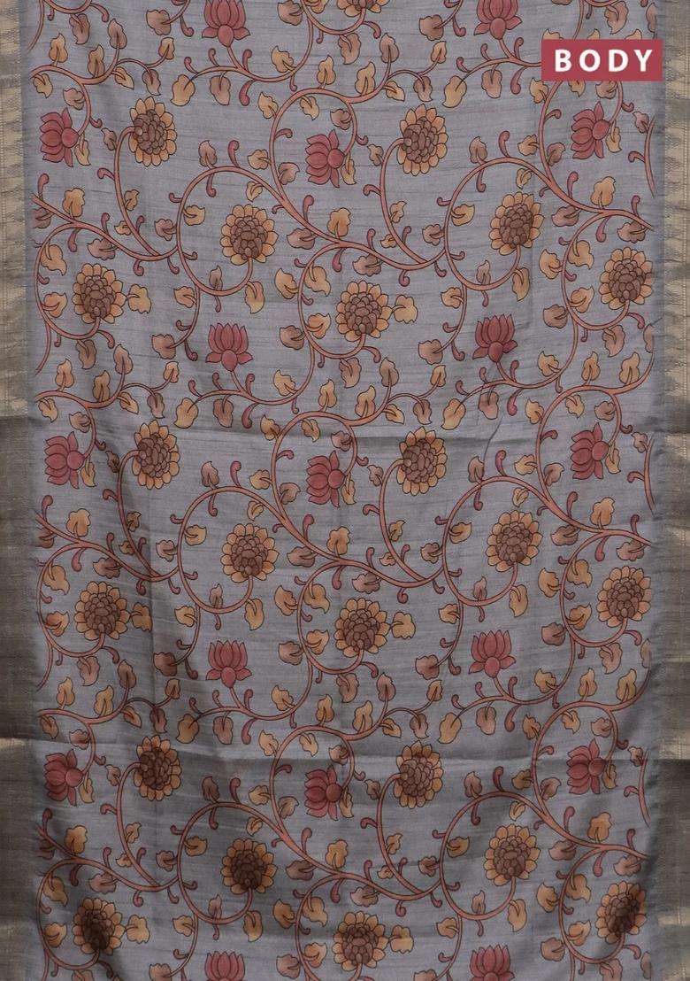 Semi Tussar Saree Grey With Allover Floral Prints And Zari Woven Border With Printed Design For Women - Indya