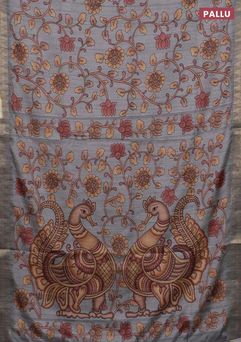 Semi Tussar Saree Grey With Allover Floral Prints And Zari Woven Border With Printed Design For Women - Indya