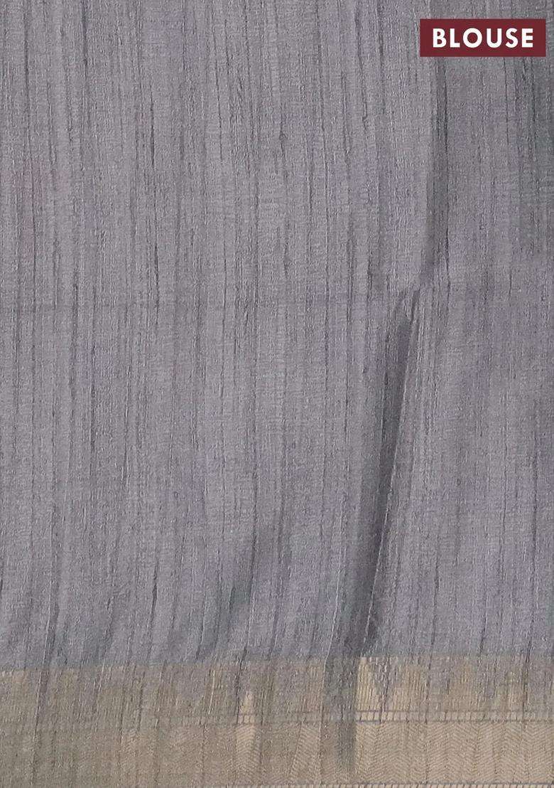 Semi Tussar Saree Grey With Allover Floral Prints And Zari Woven Border With Printed Design For Women - Indya