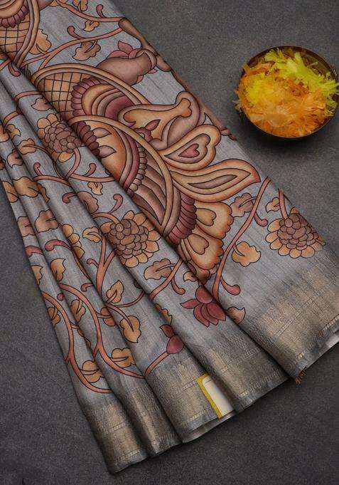 Semi Tussar Saree Grey With Allover Floral Prints And Zari Woven Border With Printed Design For Women