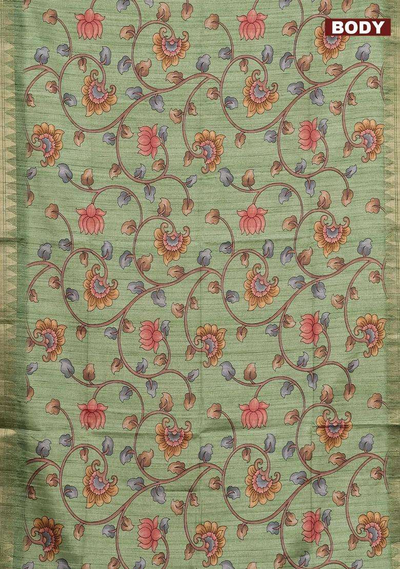 Semi Tussar Saree Pastel Green With Allover Floral Prints And Zari Woven Border With Printed Design For Women - Indya