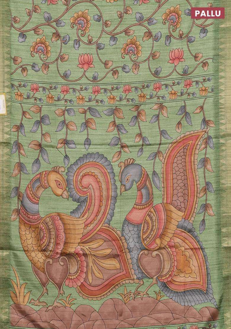 Semi Tussar Saree Pastel Green With Allover Floral Prints And Zari Woven Border With Printed Design For Women - Indya