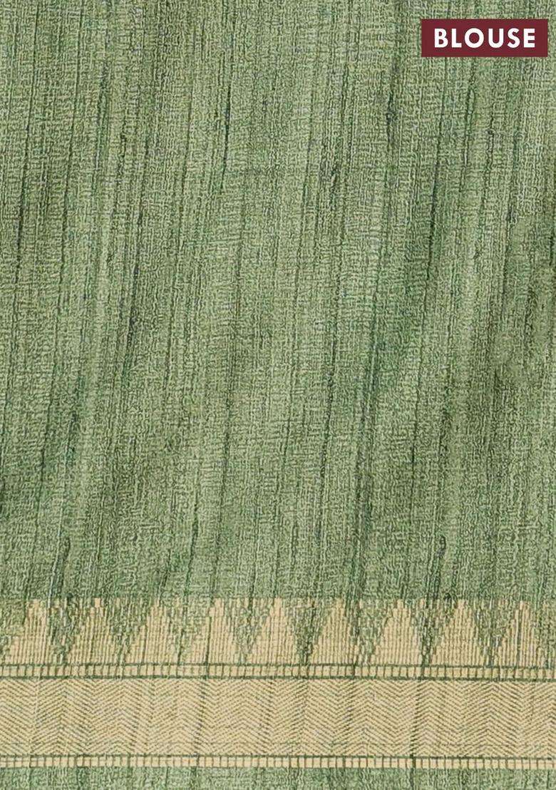 Semi Tussar Saree Pastel Green With Allover Floral Prints And Zari Woven Border With Printed Design For Women - Indya