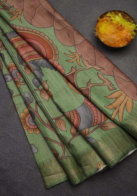 Semi Tussar Saree Pastel Green With Allover Floral Prints And Zari Woven Border With Printed Design For Women