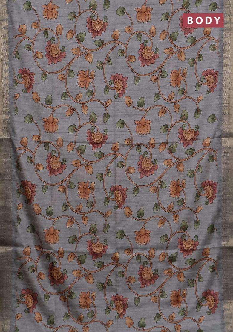 Semi Tussar Saree Grey With Allover Floral Prints And Zari Woven Border With Printed Design For Women - Indya