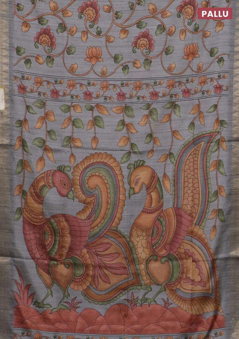 Semi Tussar Saree Grey With Allover Floral Prints And Zari Woven Border With Printed Design For Women - Indya