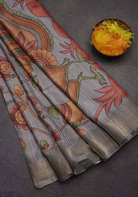 Semi Tussar Saree Grey With Allover Floral Prints And Zari Woven Border With Printed Design For Women