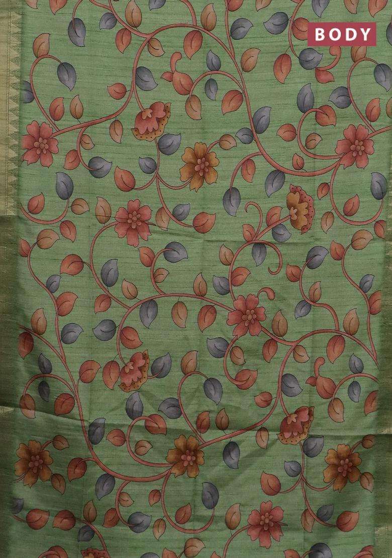 Semi Tussar Saree Light Green With Allover Floral Prints And Zari Woven Border With Printed Design For Women - Indya