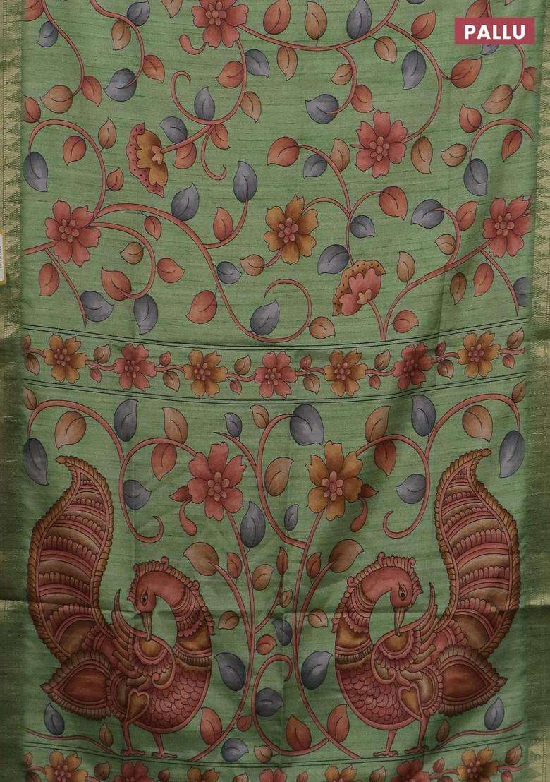 Semi Tussar Saree Light Green With Allover Floral Prints And Zari Woven Border With Printed Design For Women - Indya