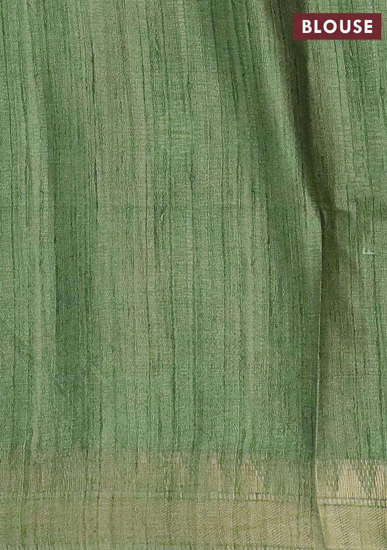 Semi Tussar Saree Light Green With Allover Floral Prints And Zari Woven Border With Printed Design For Women - Indya