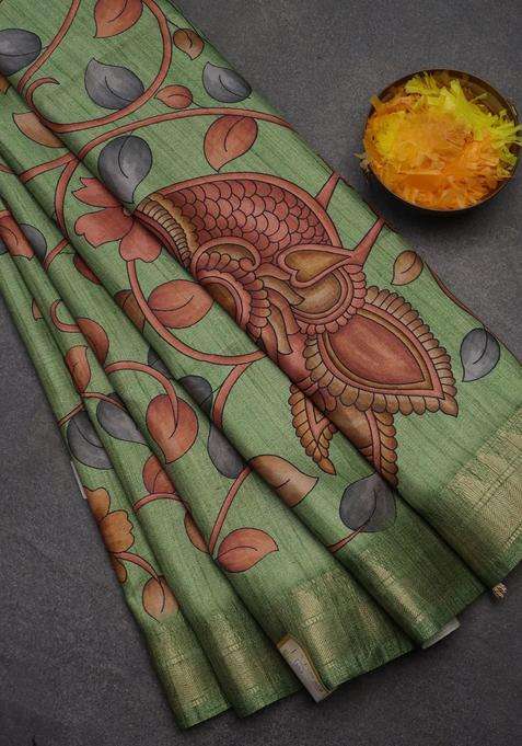 Semi Tussar Saree Light Green With Allover Floral Prints And Zari Woven Border With Printed Design For Women