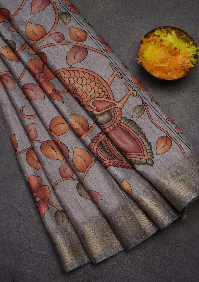 Semi Tussar Saree Grey With Allover Floral Prints And Zari Woven Border With Printed Design For Women - Indya