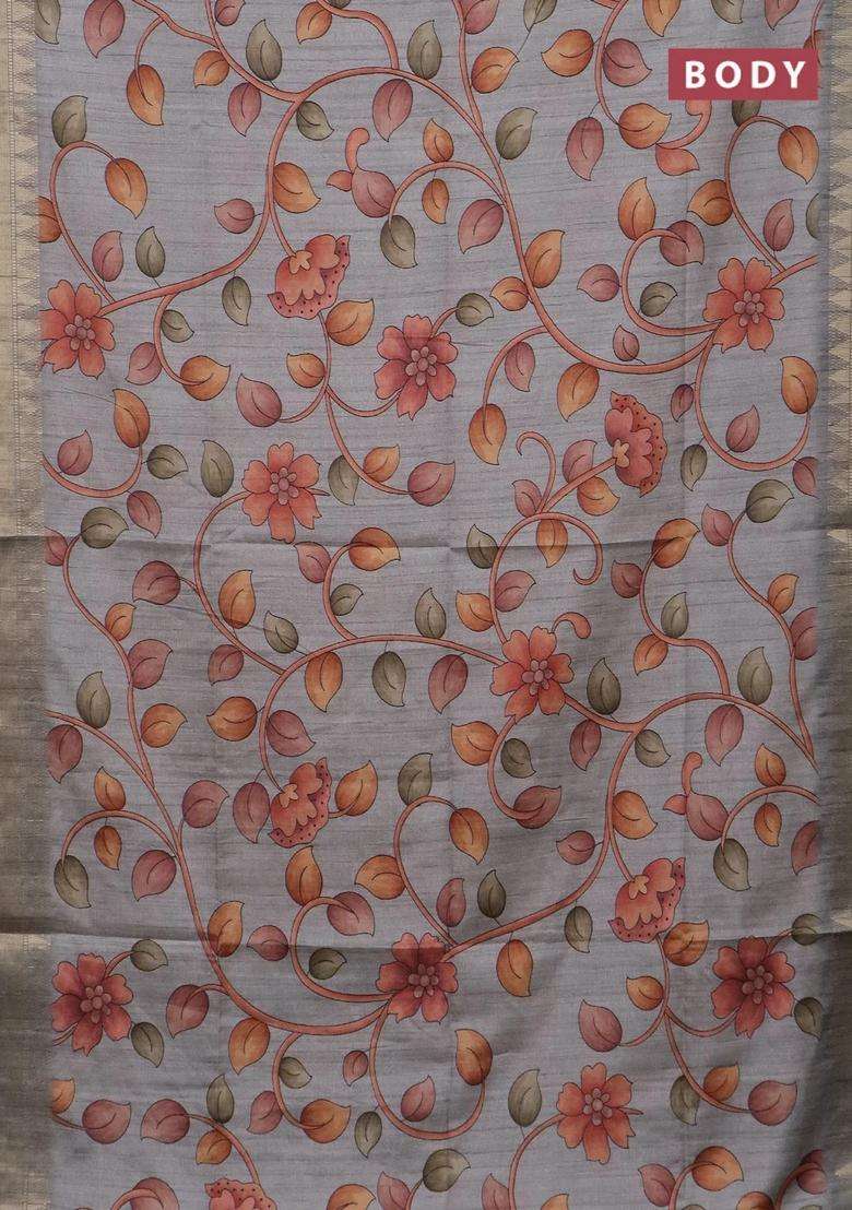 Semi Tussar Saree Grey With Allover Floral Prints And Zari Woven Border With Printed Design For Women - Indya