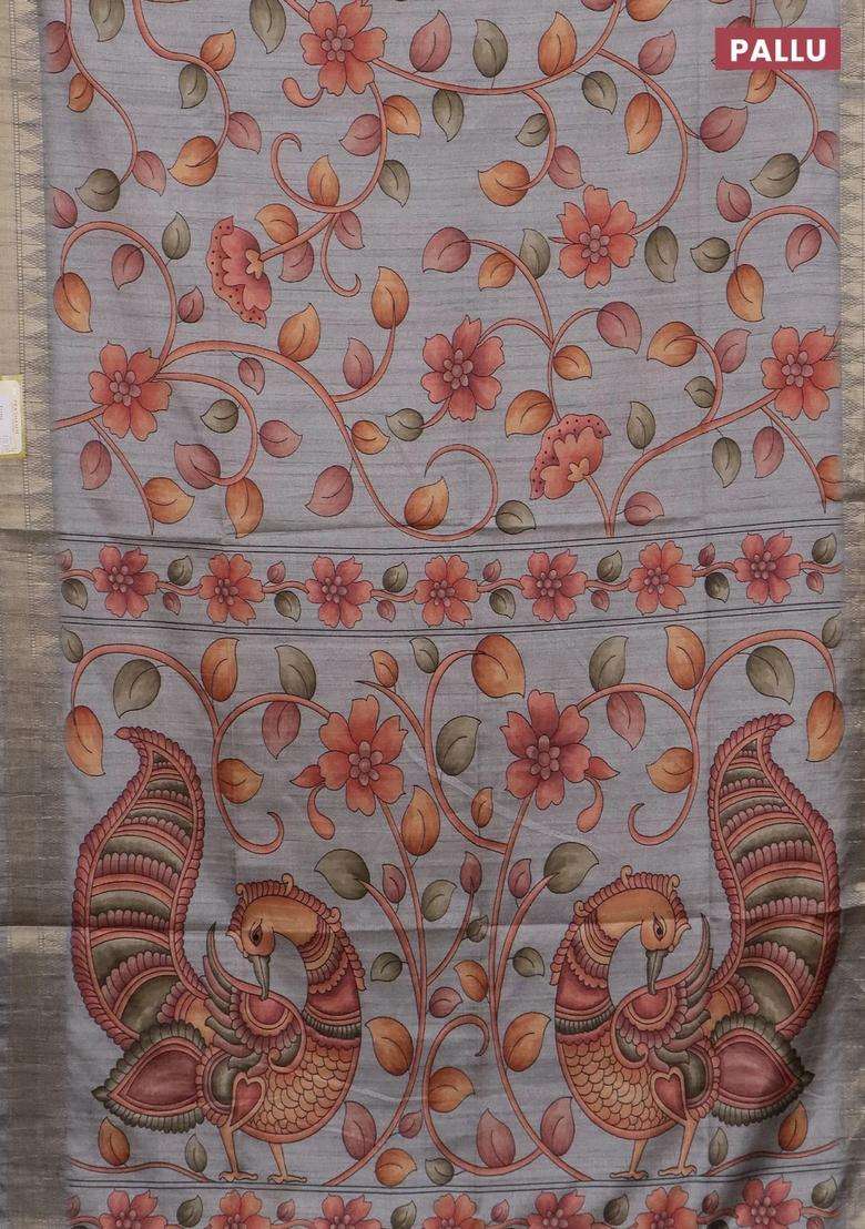 Semi Tussar Saree Grey With Allover Floral Prints And Zari Woven Border With Printed Design For Women - Indya