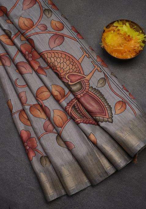 Semi Tussar Saree Grey With Allover Floral Prints And Zari Woven Border With Printed Design For Women