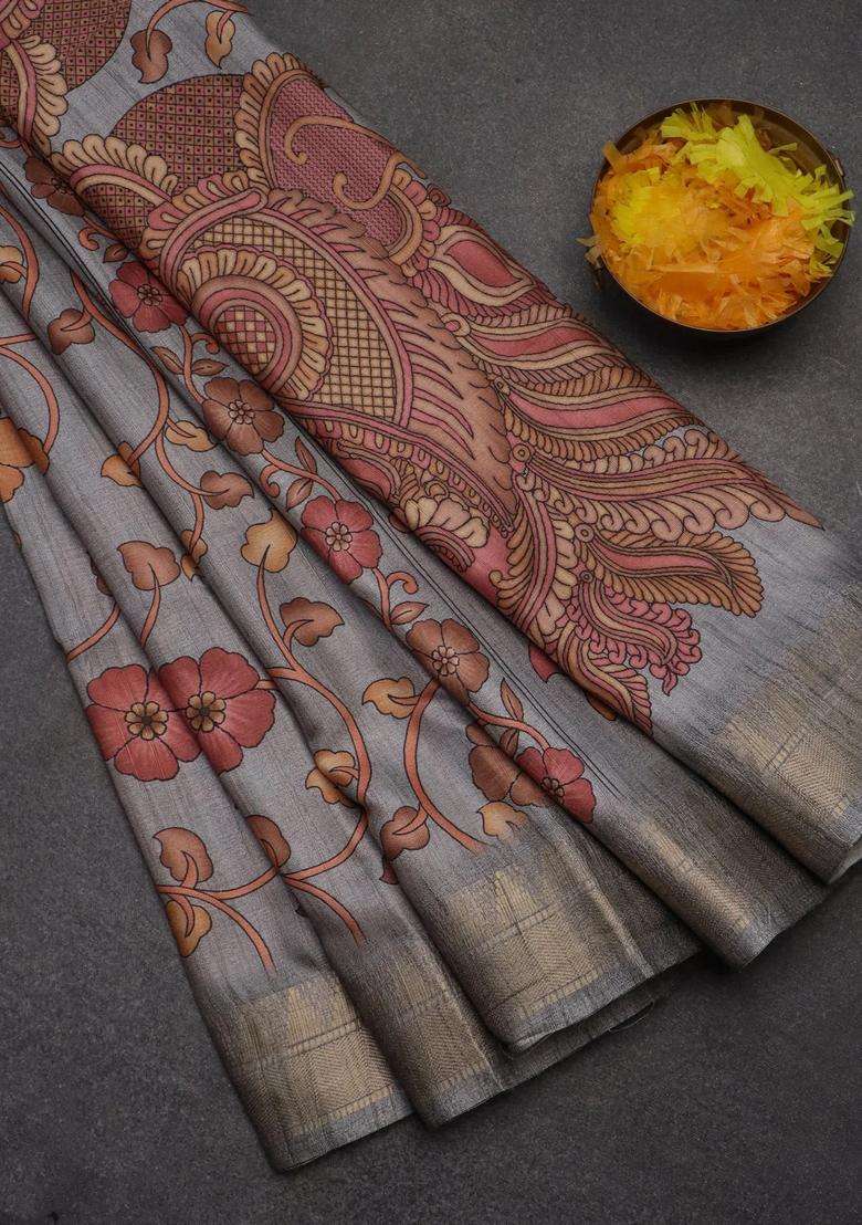 Semi Tussar Saree Grey With Allover Floral Prints And Zari Woven Border With Printed Design For Women - Indya
