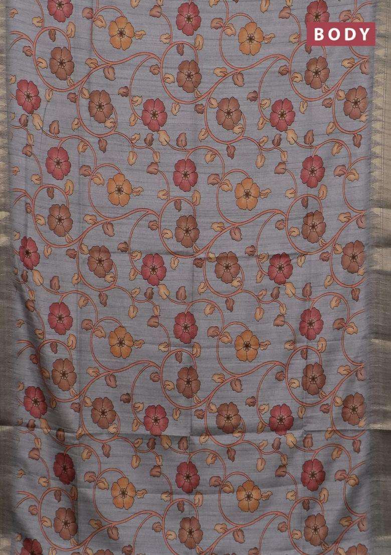 Semi Tussar Saree Grey With Allover Floral Prints And Zari Woven Border With Printed Design For Women - Indya