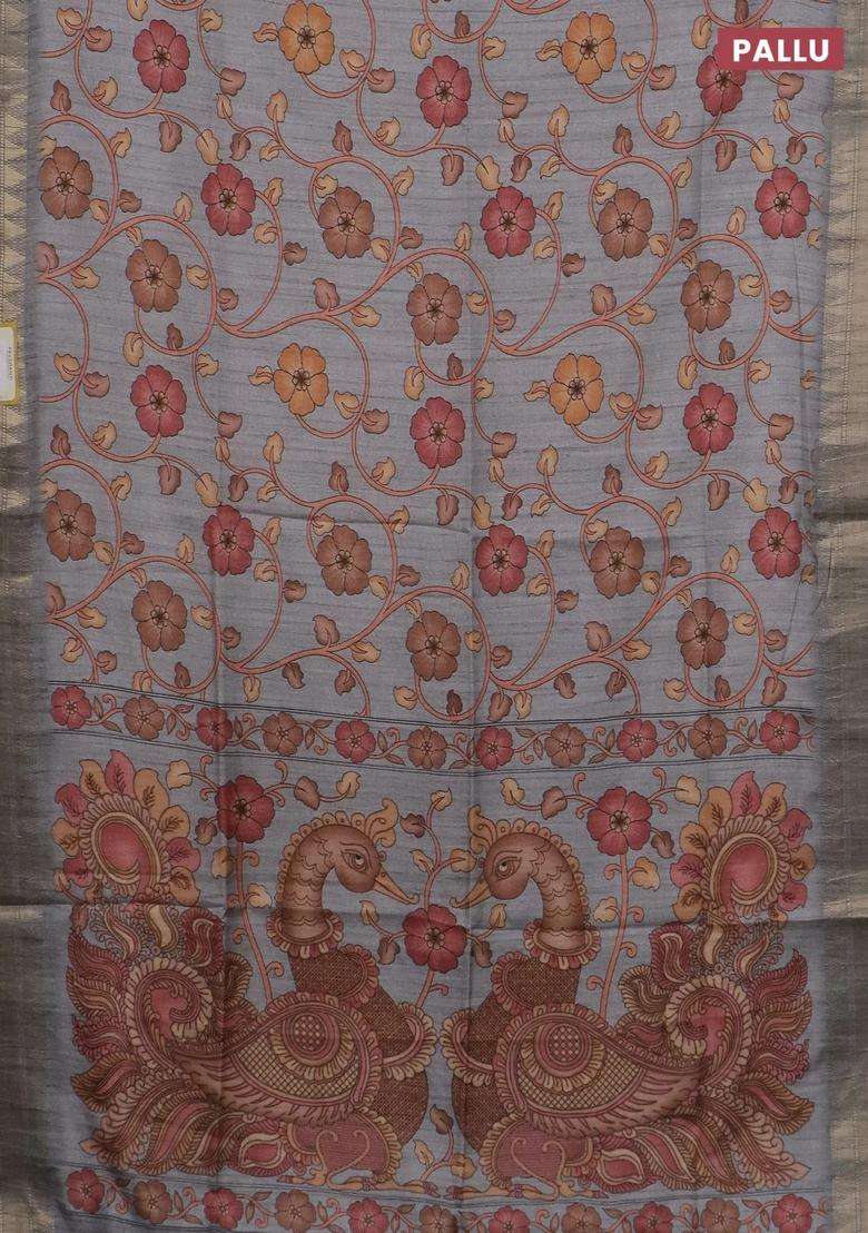 Semi Tussar Saree Grey With Allover Floral Prints And Zari Woven Border With Printed Design For Women - Indya