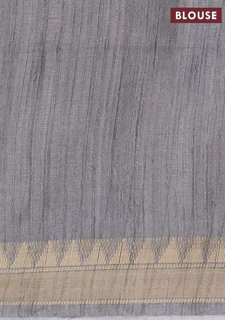 Semi Tussar Saree Grey With Allover Floral Prints And Zari Woven Border With Printed Design For Women - Indya