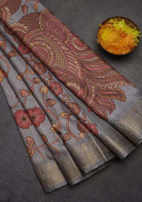 Semi Tussar Saree Grey With Allover Floral Prints And Zari Woven Border With Printed Design For Women