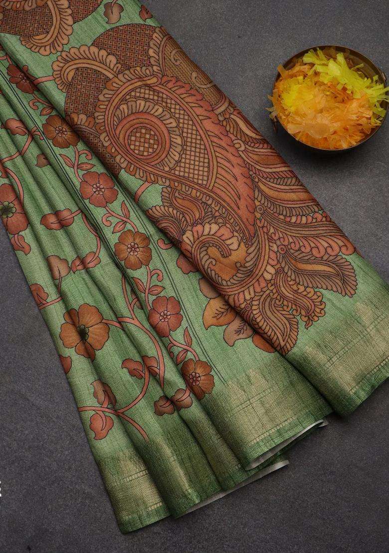 Semi Tussar Saree Light Green With Allover Floral Prints And Zari Woven Border With Printed Design For Women - Indya