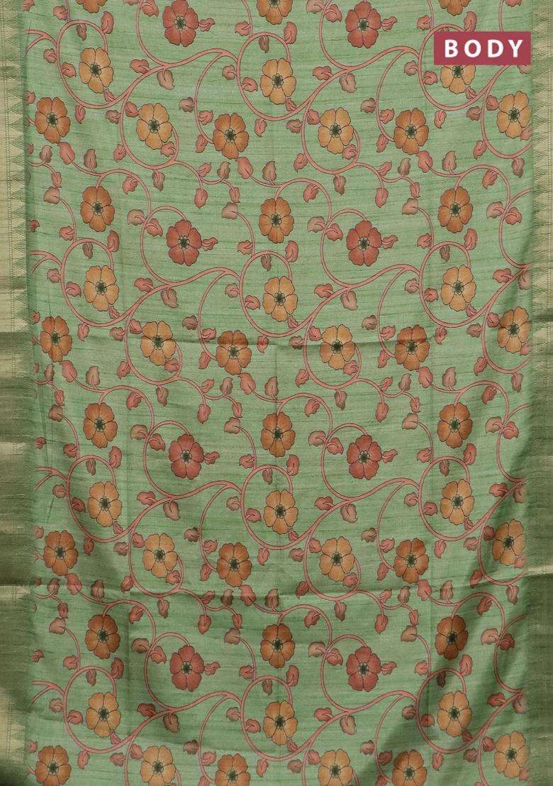 Semi Tussar Saree Light Green With Allover Floral Prints And Zari Woven Border With Printed Design For Women - Indya