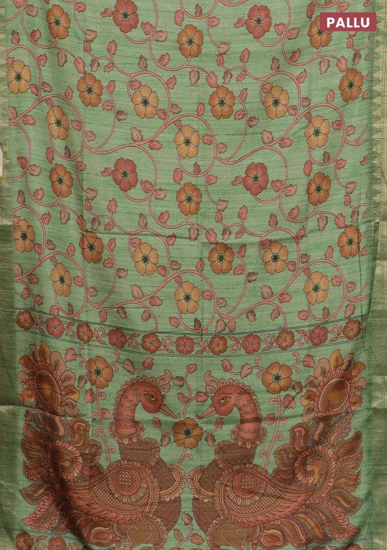 Semi Tussar Saree Light Green With Allover Floral Prints And Zari Woven Border With Printed Design For Women - Indya