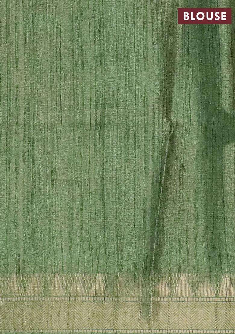 Semi Tussar Saree Light Green With Allover Floral Prints And Zari Woven Border With Printed Design For Women - Indya