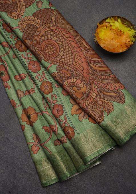 Semi Tussar Saree Light Green With Allover Floral Prints And Zari Woven Border With Printed Design For Women