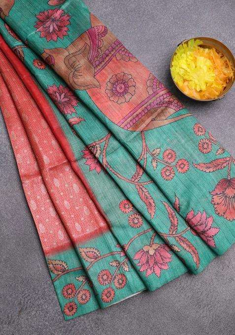 Semi Jute Silk Saree Maroon And Teal Green With Allover Zari Woven Brocade Weaves And Kalamkari Printed Pallu For Women